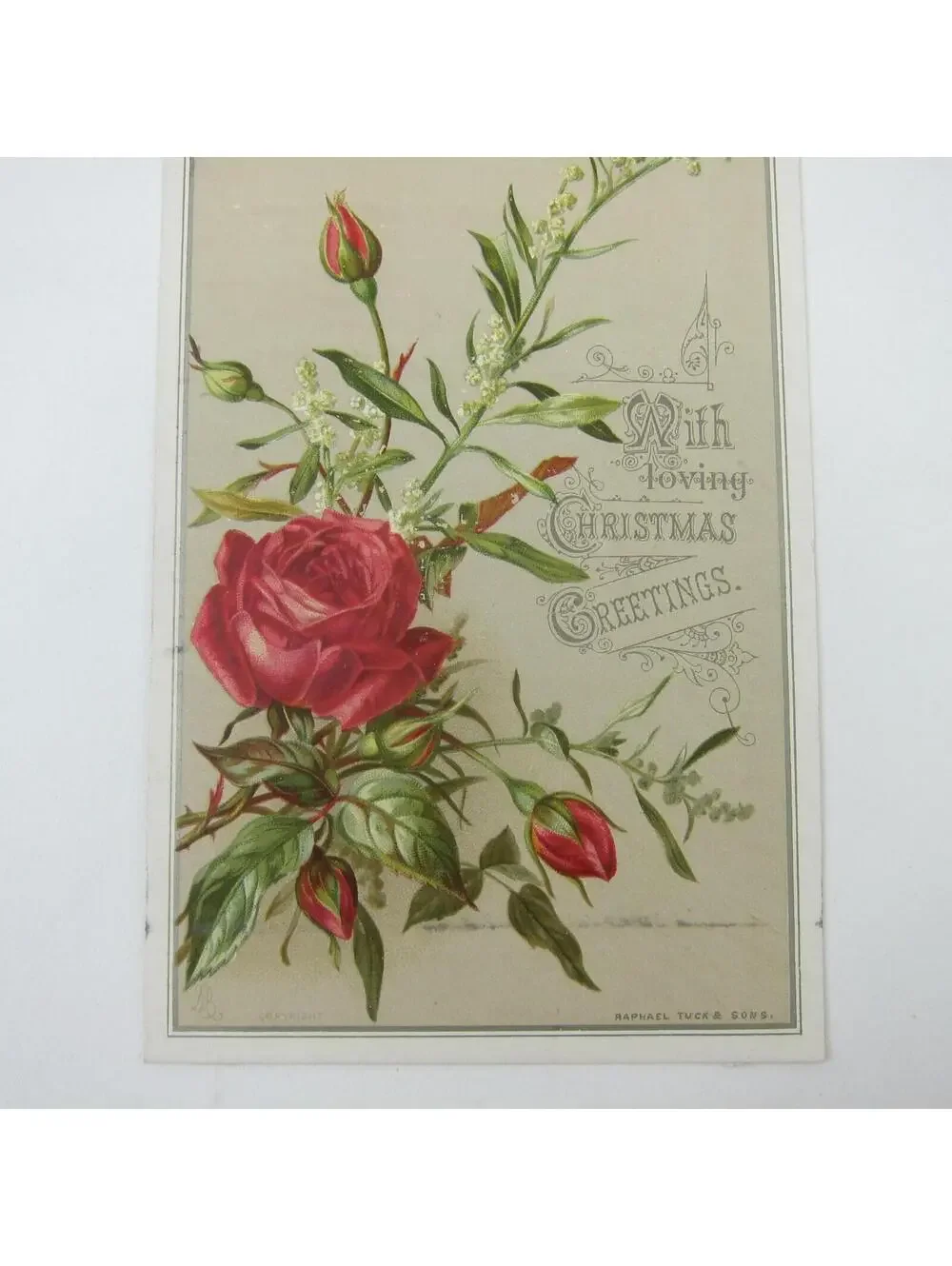 Victorian Christmas Card Raphael Tuck & Sons Red Roses White Flowers Antique